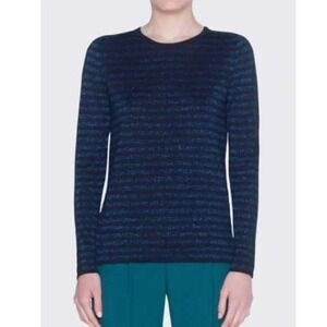 Akris Punto Metallic Stripe Wool Blend Sweater Black Blue Sz 10 Blue Black Green